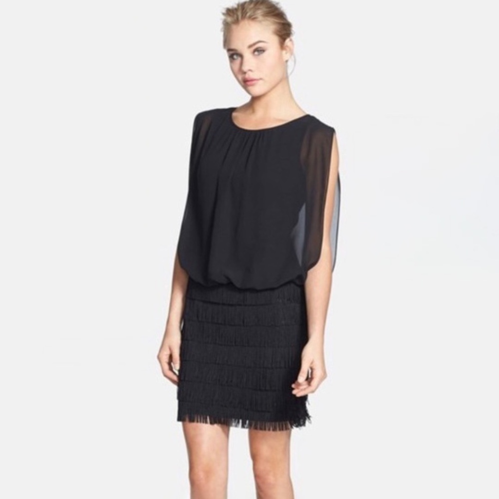 Aidan Mattox Black Fringe Whimsigoth Romantic Hoco Sleeveless Blouson Dress 4